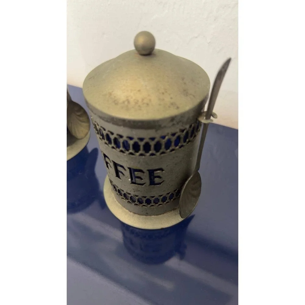 Vintage Savile Row Cobalt Blue Glass‎ Coffee Sugar Canister Set with Spoons